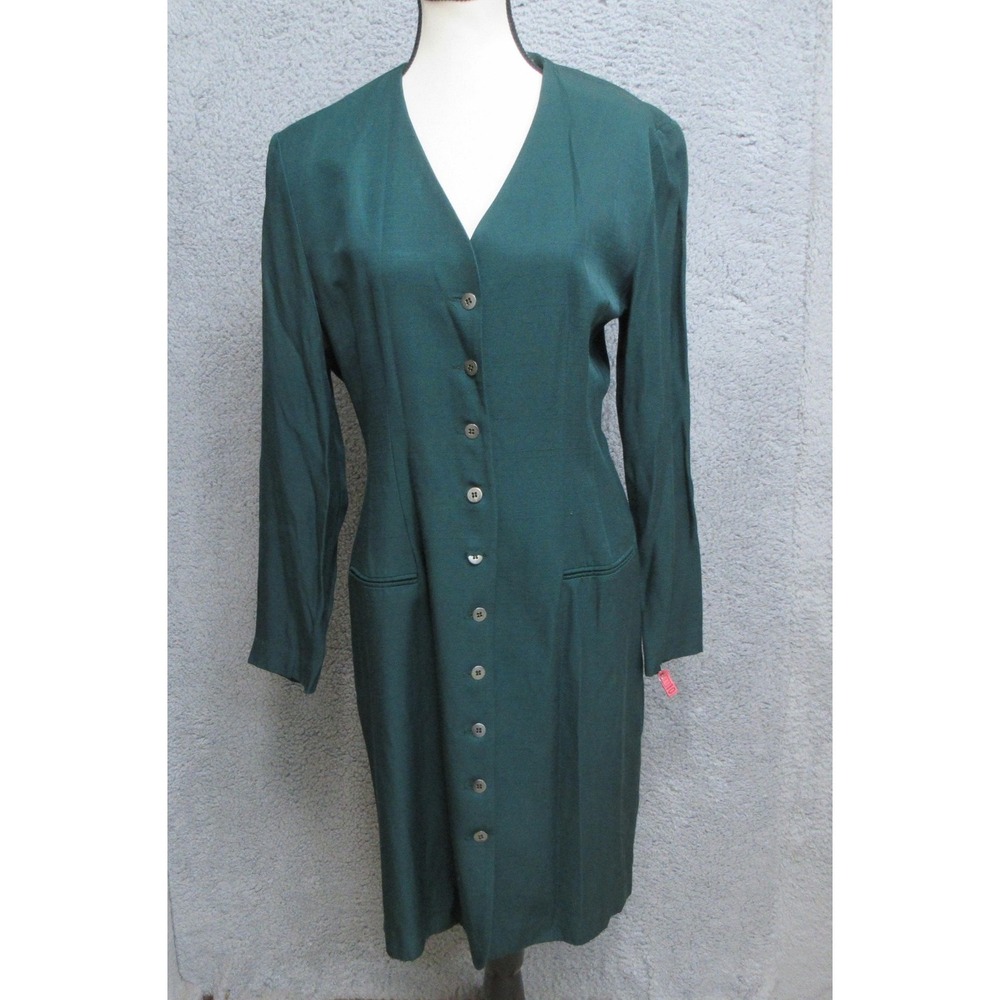 VINTAGE‎ Dani Max 90s Dress Womens 8 Green Button Front Long Sleeve Made in USA